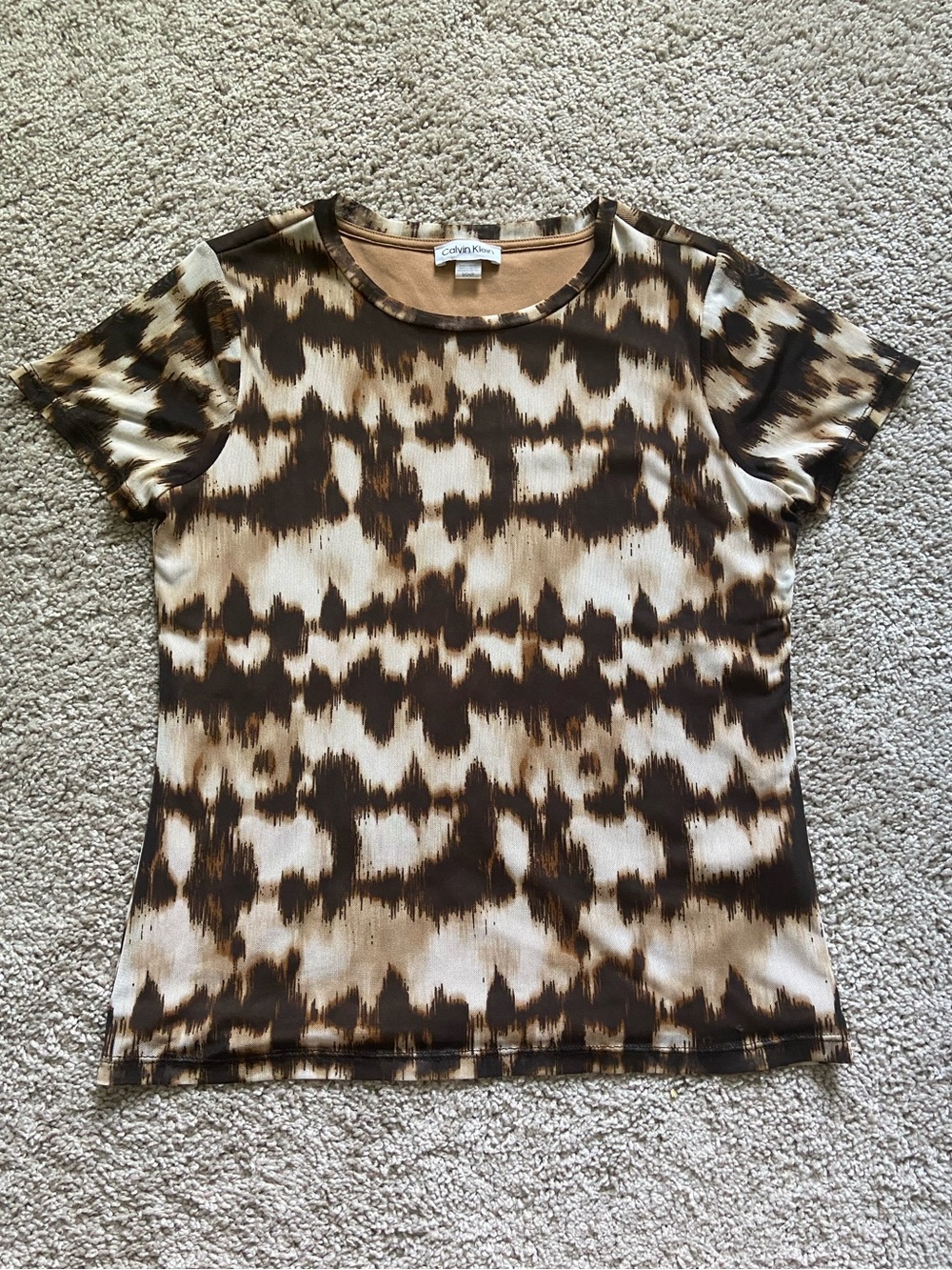 Calvin Klein Women's Brown Animal Printed Crewneck Short-Sleeve Mesh Top S